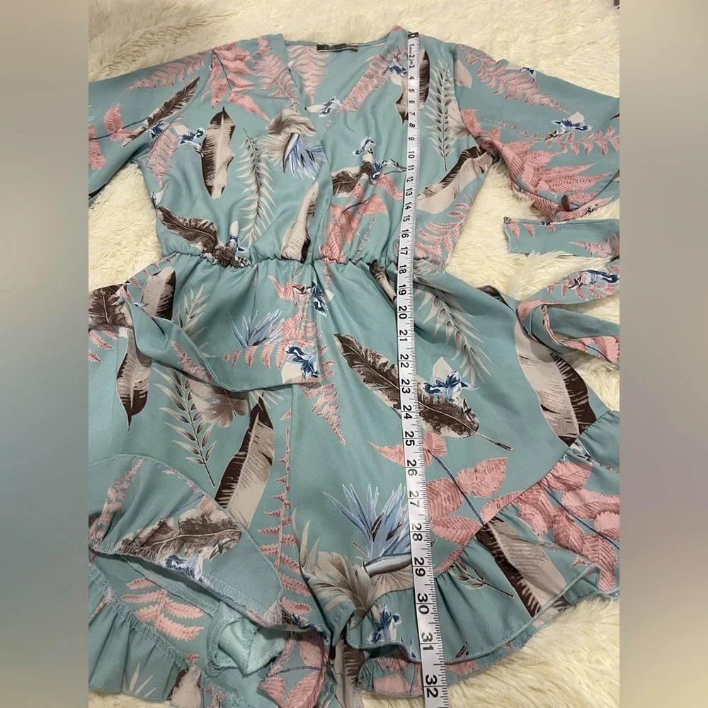 Blue Blush Tropical Print Wrap Dress